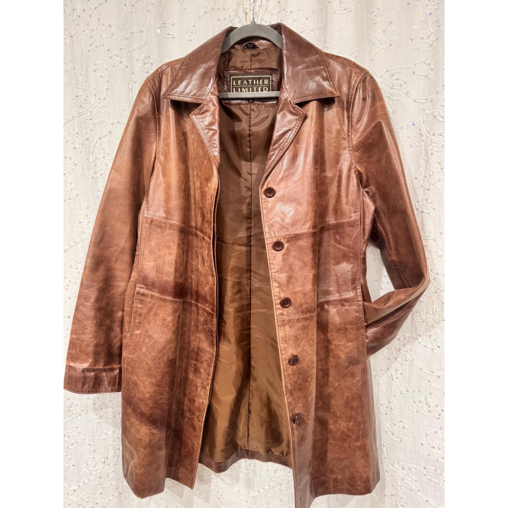 Vintage 90s Brown Leather Longline Coat – Rich Patina – XL (Fits L/XL)